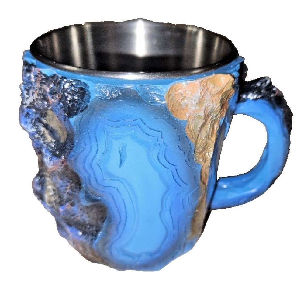 Mineral Crystal Coffee Mugs NEW BLUE RESIN w/ STAINLESS STEEL INSERT UNIQUE